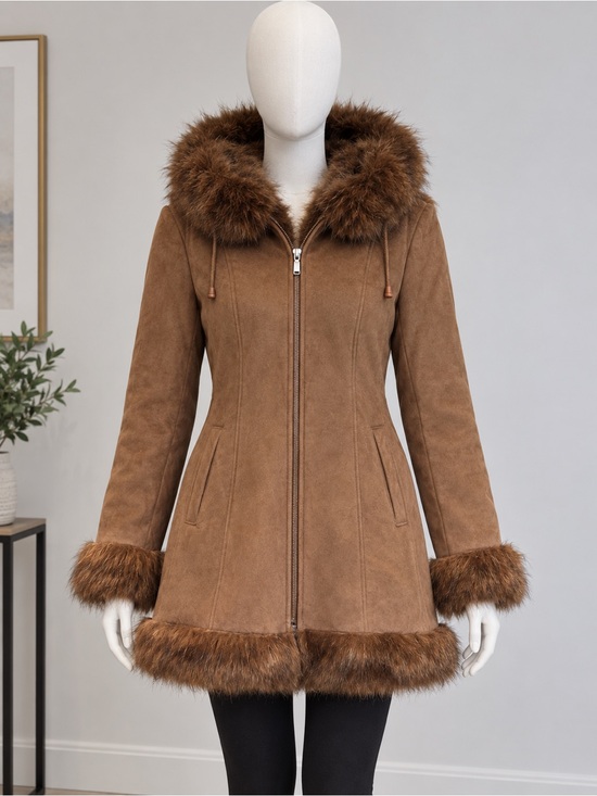 Jackets & Blazers - Women's Brown Faux-Suede Trench Coat with Fur Trim